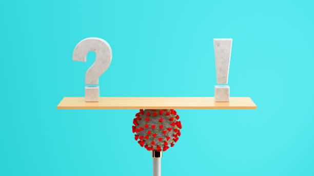 exclamation mark and question mark balancing on a corona virus - 3d illustration stock photo