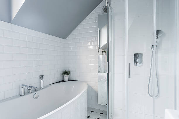 Exclusive white bathroom Exclusive white bathroom with bath and shower granitic stock pictures, royalty-free photos & images