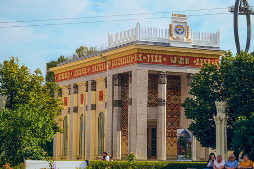 Moscow, Russia - July 21, 2021: Pavilion number 4 - Trade and Exhibition Center of the Kyrgyz Republic. VDNH park.