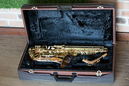 Expensive saxophone in a velvet case.