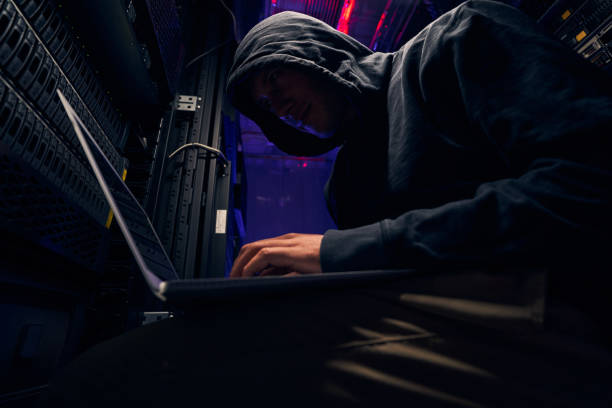 Expert cybercriminal installing malware using his laptop stock photo