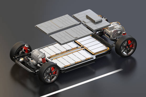 Explode view of electric vehicle chassis equipped with battery pack stock photo