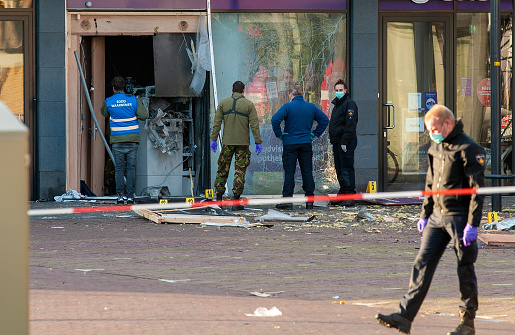 ENSCHEDE, NETHERLANDS - NOV 20, 2020: An explosion in an ATM machine causes huge damage. Police is investigating the case.