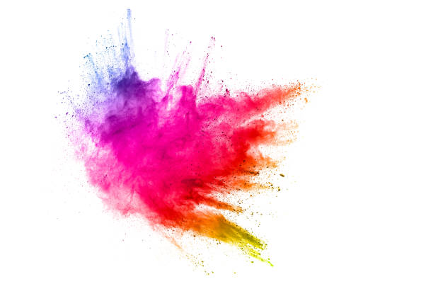 esplosione di particelle di polvere colorate su sfondo bianco. texture astratta della sovrapposizione in polvere di colore pastello. - color foto e immagini stock