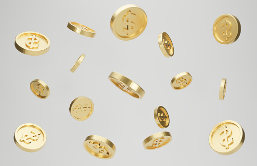 Explosion of gold coins with dollar sign on white background. Jackpot or casino poke concept. 3d rendering.