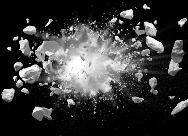 explosion split debris caused by explosion against black background ruined stock pictures, royalty-free photos & images