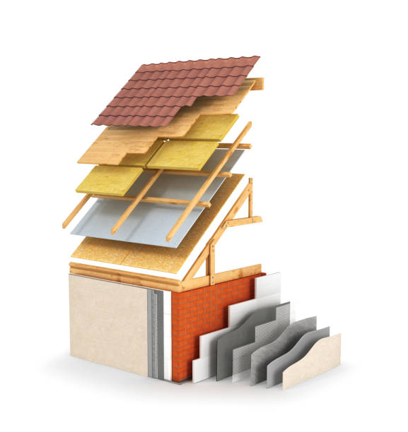 wärmedämmverbundsysteme und malerarbeiten, dämmung des daches. 3d illustration - dachdämmung stock-fotos und bilder