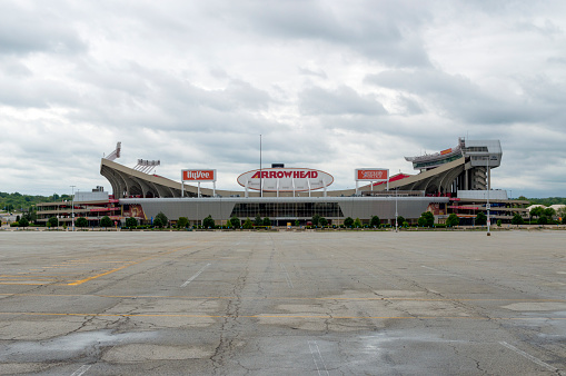 May 15, 2021 - Kansas City, Missouri, USA: This is a view from the parking lot of Arrowhead Stadium, home of the Kansas City Chiefs.  This shot was taken on a stormy spring day with ominous clouds in the sky.