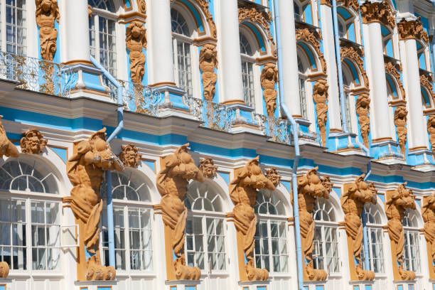 Exterior of Catherine Palace in Rococo style in Tsarskoye Selo, Pushkin, 30 km south of Saint Petersburg, Russia stock photo