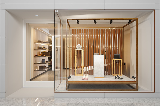 Exterior Of Clothing Store With Shoes And Other Accessories Displaying In Showcase