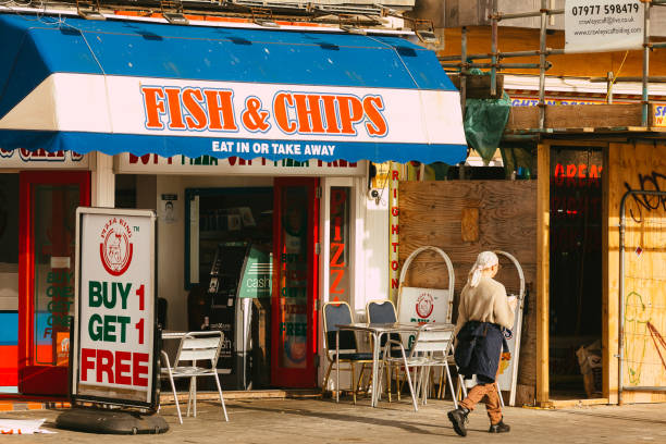 Exterior of fish and chips restaurant at English seaside stock photo