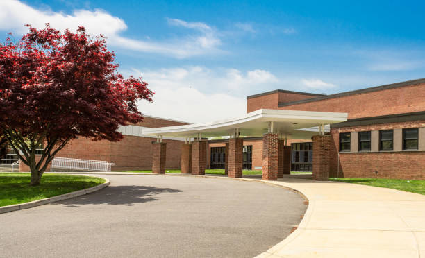 Exterior view of a typical American school building stock photo