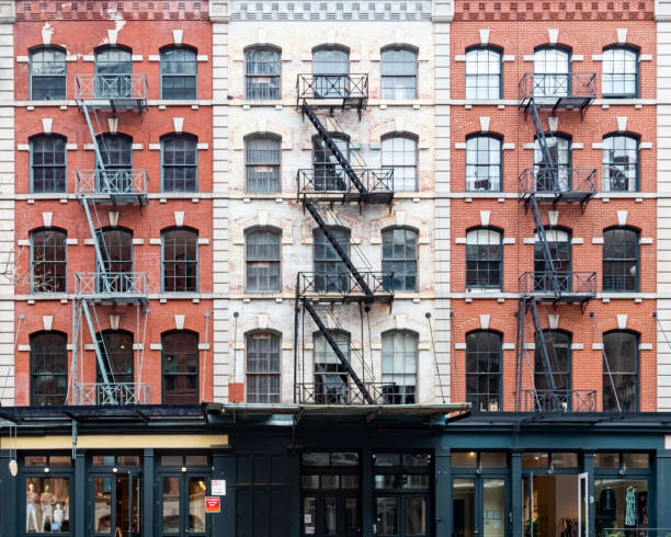Exterior view of historic brick buildings along Duane Street in the Tribeca neighborhood of New York City stock photo