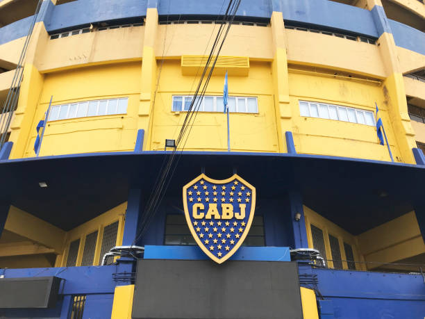 Exterior view of La Bombonera - Boca Juniors stadium. Shield of the team. stock photo