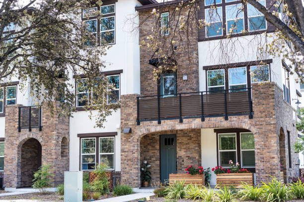 Exterior view of modern apartment building offering luxury rental units in Silicon Valley; Sunnyvale, San Francisco bay area, California stock photo