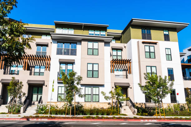 Exterior view of multifamily residential building; Mountain View, San Francisco bay area, California Exterior view of multifamily residential building; Mountain View, San Francisco bay area, California flat physical description stock pictures, royalty-free photos & images