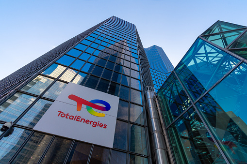 Paris-La Défense, France, November 12, 2020: Exterior view of the tower housing the headquarters of the oil company TotalEnergies, formerly known as Total