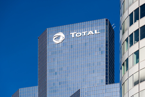 Courbevoie, France, November 12, 2020: Exterior view of the Total Coupole tower, housing the head office of the oil company Total SA, and located in the business district of Paris La Défense