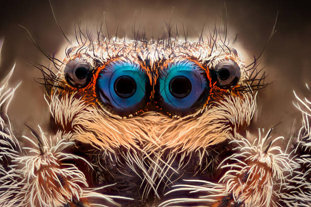 extreme magnification - jumping spider portrait, front view - dierenoog stockfoto's en -beelden
