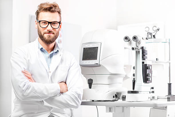 Eye doctor with ophthalmologic device Portrait of handsome eye doctor sitting with ophthalmologic device in the cabinet eye doctor stock pictures, royalty-free photos & images