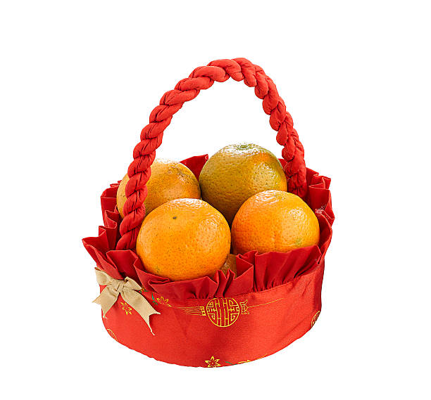 Fabric oranges fruit hamper basket for gift isolated stock photo