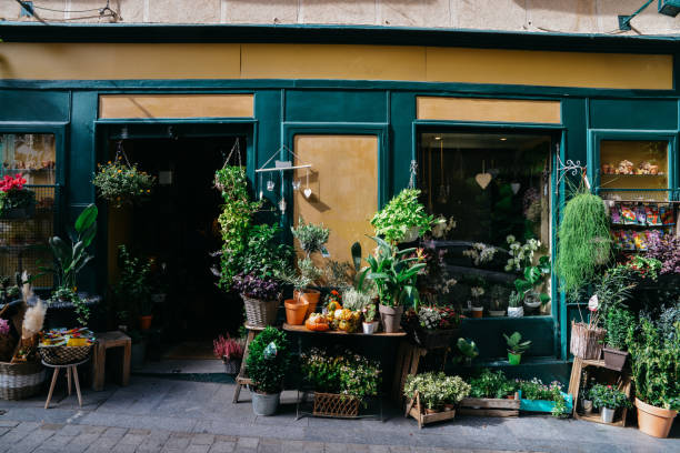 Facade of flower shop with various different types of plants on display Facade of flower shop with various different types of plants on display. madridshop stock pictures, royalty-free photos & images