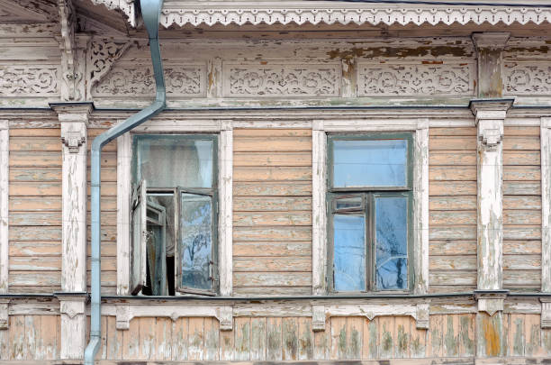 Facade of old wooden building in Kyiv Ukraine stock photo