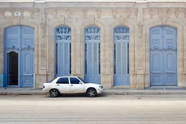 Facade of residential building in Havana stock photo