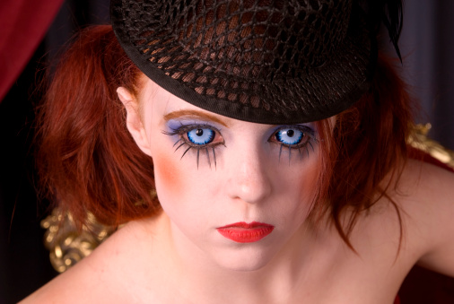 Face Of Circus Performer Stage Makeup Redhead Woman Blue Eyes Stock