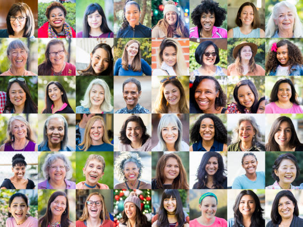 A diverse collection of female portraits, all are positive or smiling, laughing.