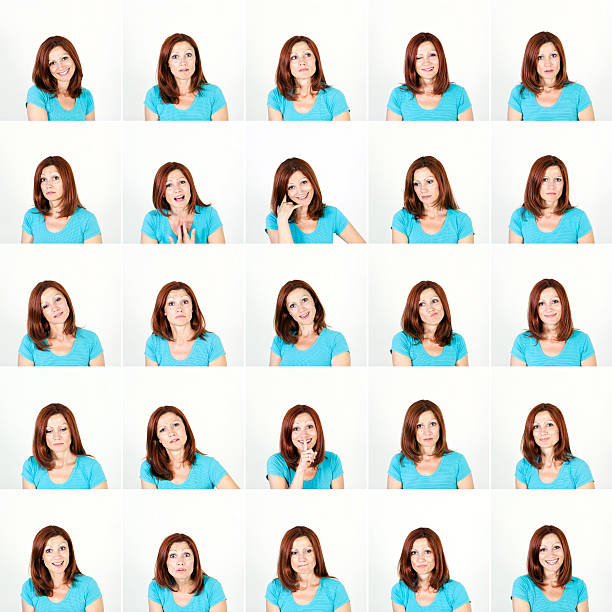 Facial Expression of Women Series of 25 portrait studio shoots of woman with various facial expressions. same person different outfits stock pictures, royalty-free photos & images