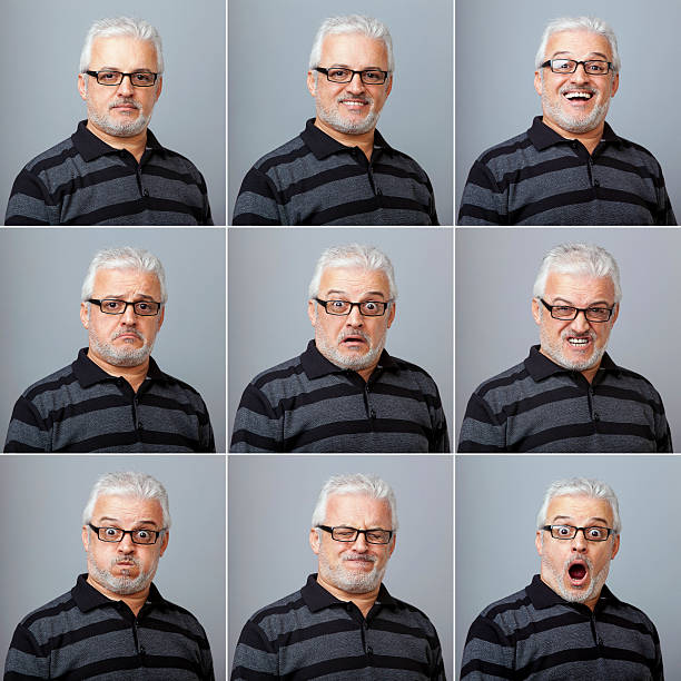 Mature man making nine different facial expressions