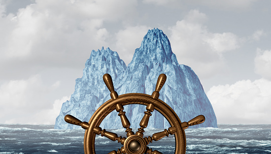 Facing an iceberg concept steering a ship in front of challenging and dangerous obstacles with 3D illustration elements elements.
