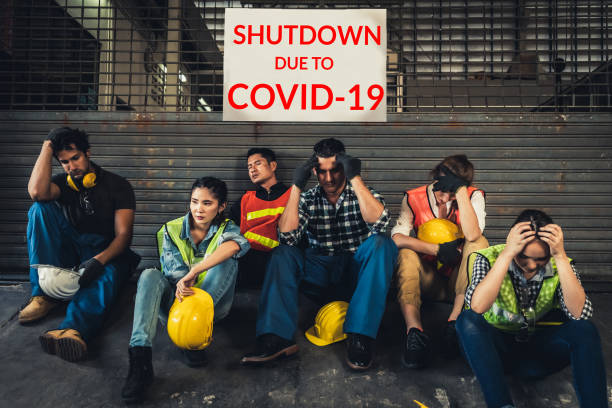 Factory shutdown due to outbreak of Coronavirus Disease 2019 or COVID-19. Factory shutdown due to outbreak of Coronavirus Disease 2019 or COVID-19. Concept of economic crisis, people unemployment and production downsizing unemployment stock pictures, royalty-free photos & images