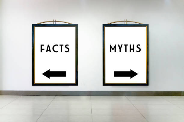 Facts or Myths Concept on Two Billboards Facts or Myths Concept , Two white billboards on the wall in Shopping Mall marketing myths stock pictures, royalty-free photos & images