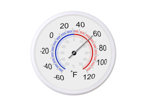 Fahrenheit and celsius scale white round thermometer for measuring weather temperature.  Thermometer isolated on white background. Ambient temperature plus 60 degrees fahrenheit Fahrenheit and celsius scale white round thermometer for measuring weather temperature.  Thermometer isolated on white background. Ambient temperature plus 60 degrees fahrenheit fahrenheit stock pictures, royalty-free photos & images