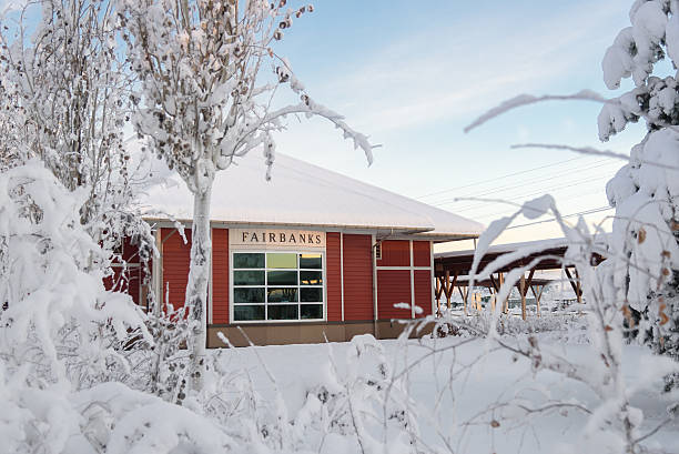 Fairbanks Alaska Railroad Depot in Winter stock photo