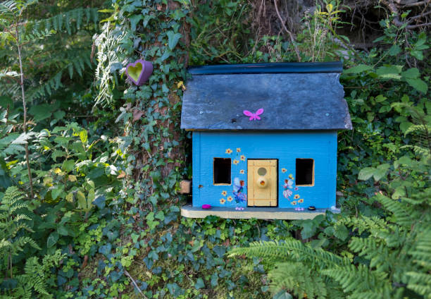 Fairies house along the kerry way trail Blue Fairy house along the path on the coast of Ireland.   House is blue with yellow door, in a green lush forest. killarney ireland stock pictures, royalty-free photos & images
