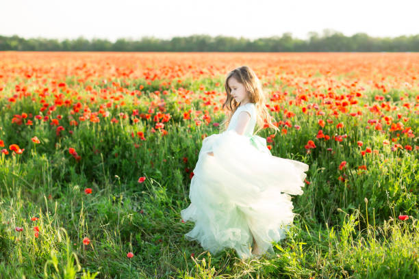 fairy tale, freedom, dancing, celebration, wedding, childhood, happiness concept - charming pug-nosed fairy in light blue dress with flying skirt spinning in the field of wild flowers stock photo