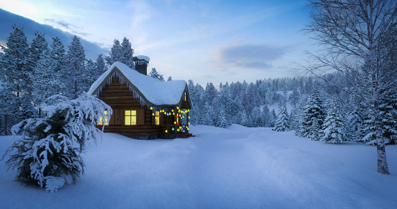 Digitally generated log cabin with shining windows and Christmas lights in early morning wintry landscape. 

The scene was rendered with photorealistic shaders and lighting in Autodesk® 3ds Max 2020 with V-Ray 5 with some post-production added.