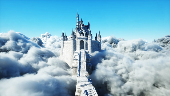 Fairytale palace in clouds. Aerial view. Overclouds