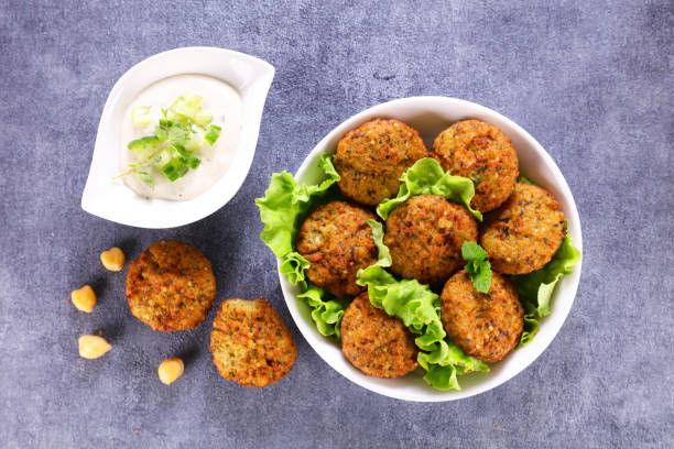 falafel and dipping sauce- top view stock photo