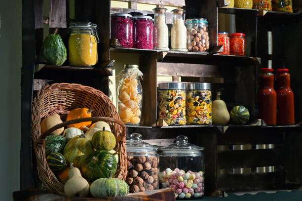 Fall Pantry with Jars With Pickled Vegetables Fall Pantry with Jars With Pickled Vegetables pantry stock pictures, royalty-free photos & images