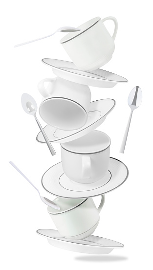 Falling Cups Plates And Spoons Stock Photo Download Image