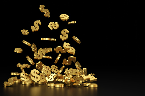 Falling golden dollar sign. 3D rendering.