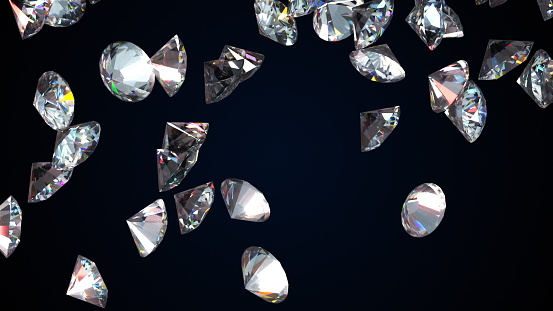Falling large diamonds. Computer generated crystal rain. 3d render of beautiful background.