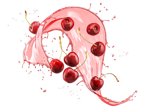 Falling of red Cherries with juice splash isolated on white background with clipping path 3d rendering.