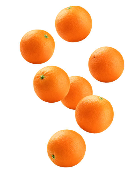 falling orange isolated on white background, clipping path, full depth of field - orange imagens e fotografias de stock