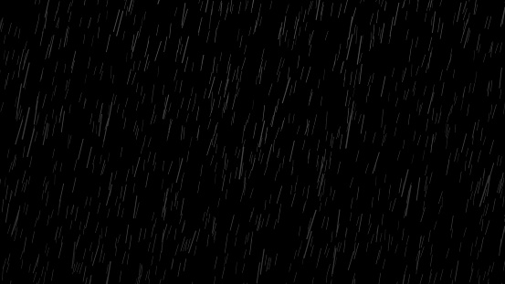 Falling raindrops on black background, black and white luminance matte