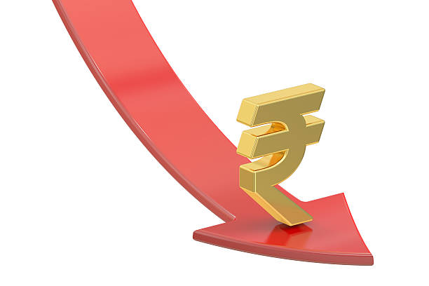 Falling red arrow with symbol of rupee, crisis concept stock photo